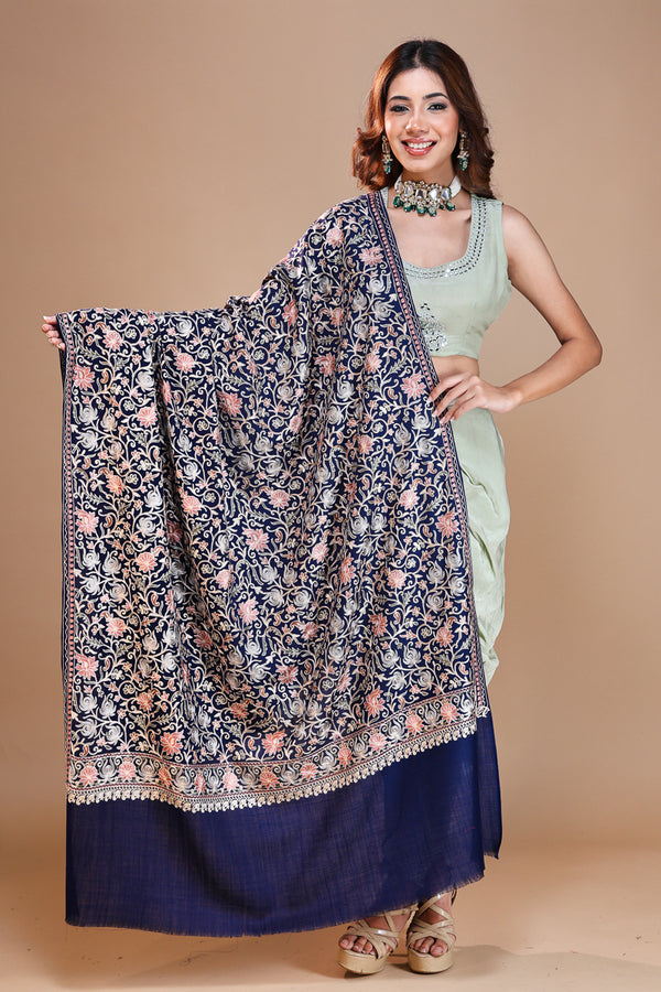 Flower Paisley Embroidery Shawl Blue