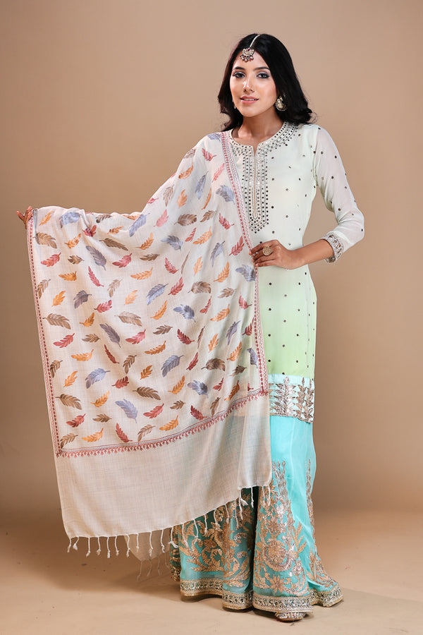 Leaf Nalki Embroidery Stole Light Grey