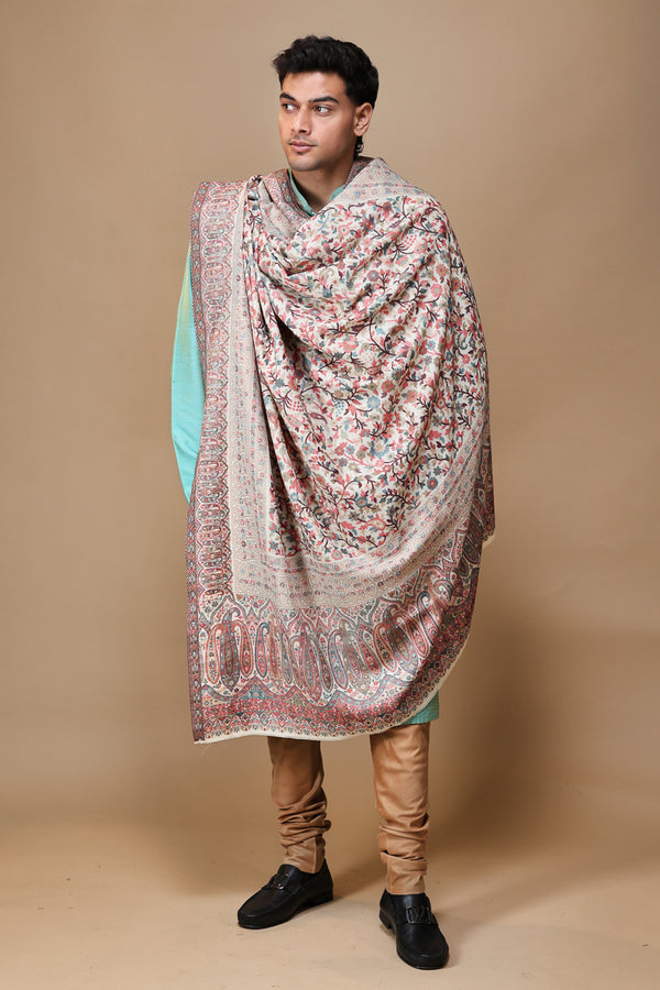 Zari Border Kani Shawl For Men White