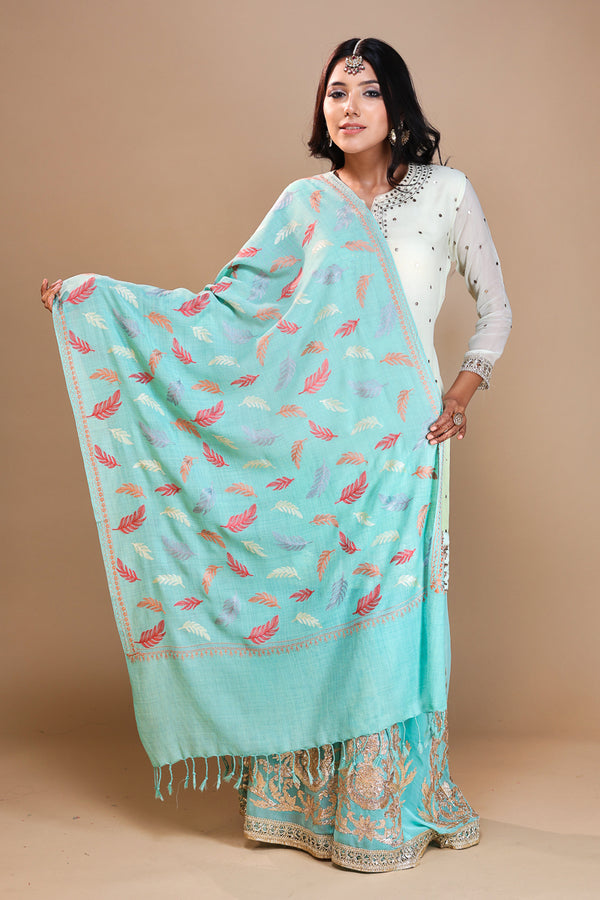 Leaf Nalki Embroidery Stole Sea Green
