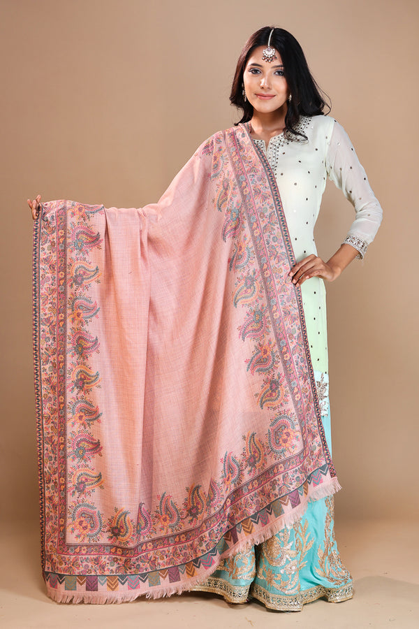 Paisley Border Kani Shawl Peach