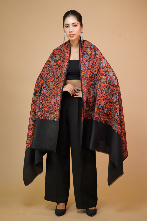 Rose Flower Embroidery Shawl Black