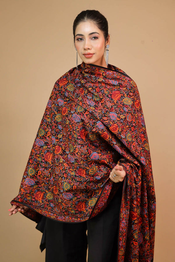 Rose Flower Embroidery Shawl Black