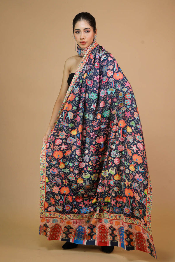 Flower Kashmiri Kalamkari Embroidery Shawl