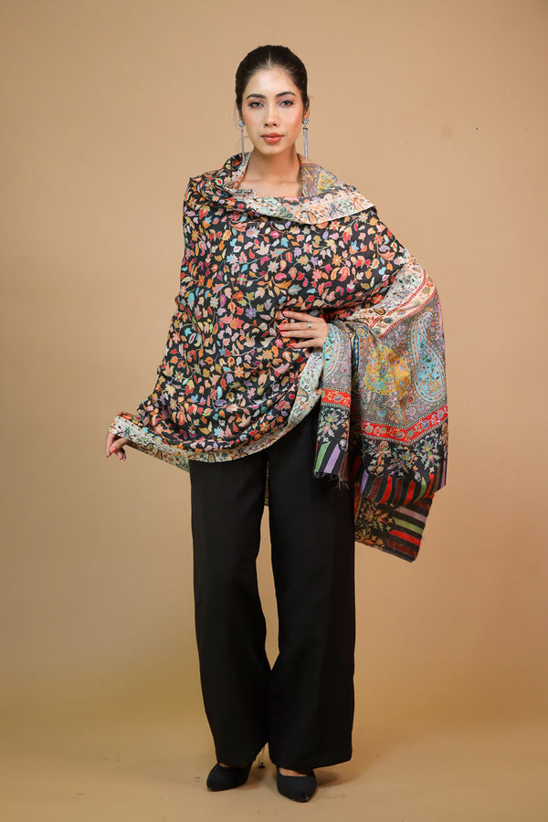 Paisley Palla Hand Embroidered Kalamkari Shawl Black