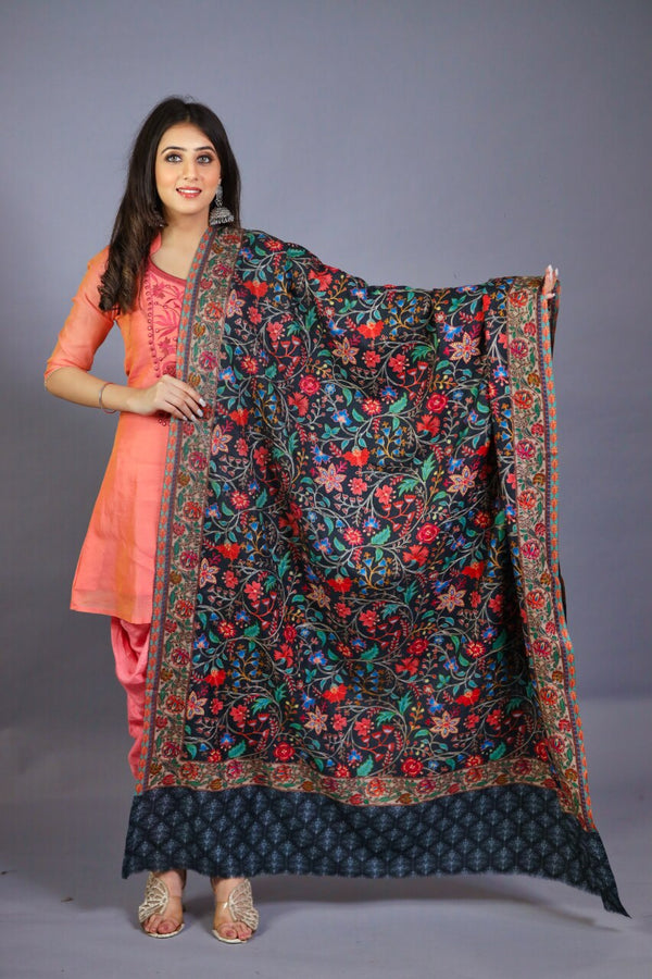 Fine Wool Floral Multicoloured Kalamkari Embroidery Shawl