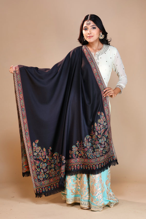 Flower Corner Kani Shawl Black