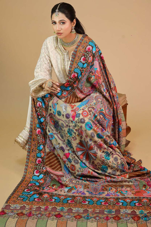 Peacock Kalamkari Embroidery Shawl Beige