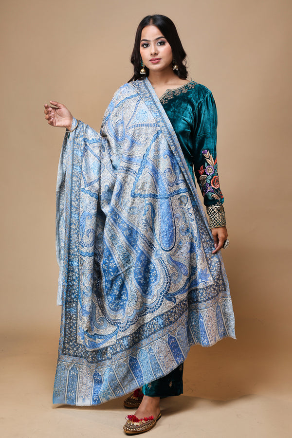 Fine Wool Big Paisley Kalamkari Embroidery Shawl