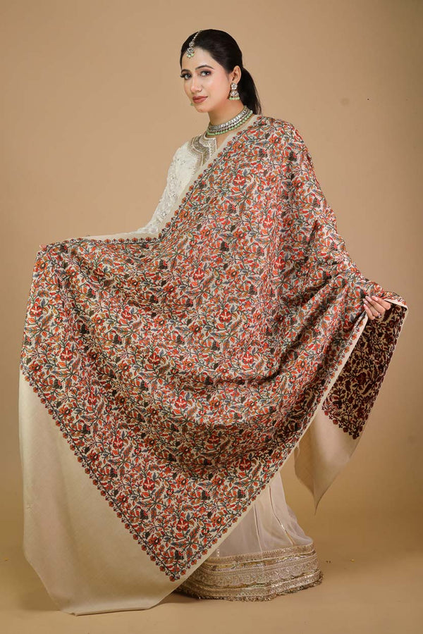 Flower Embroidery Shawl Beige