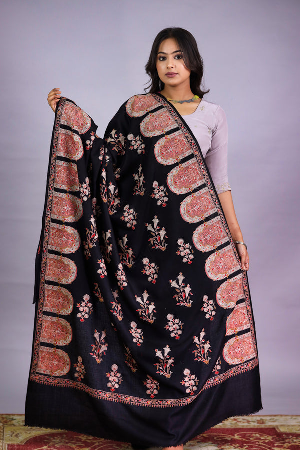 Pure Wool Flower Embroidery Shawl Black