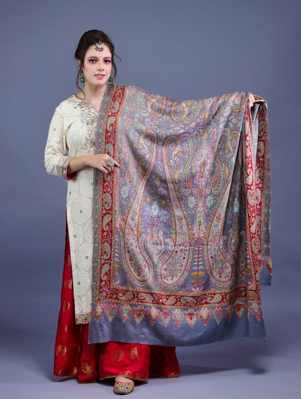 Pure Wool Big Paisley Kalamkari Hand Embroidery Shawl