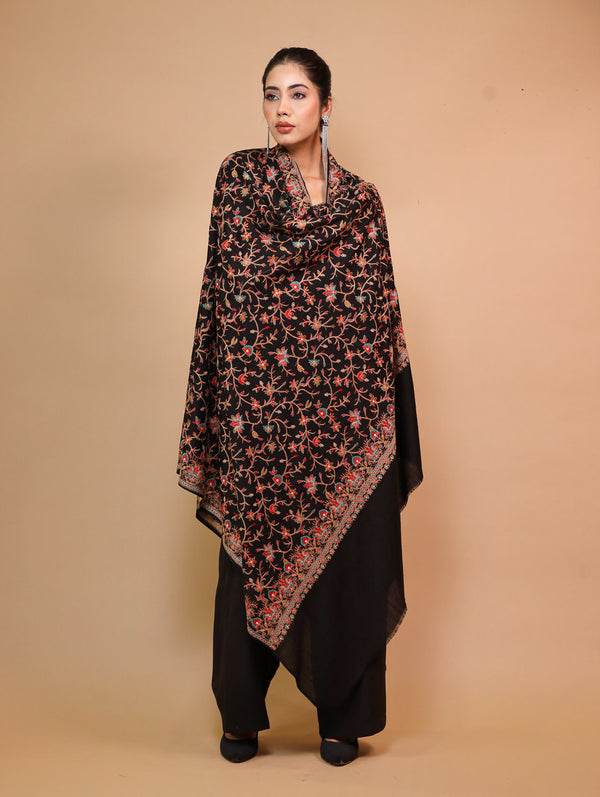 Black Multi head Embroidery Shawl