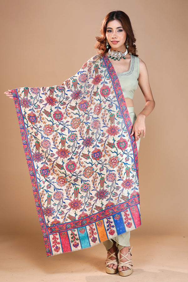 Flower Border Kalamkari Embroidery Stole Cream