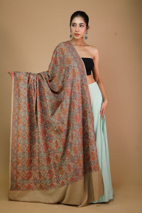 Beige Block Flower Embroidery Shawl