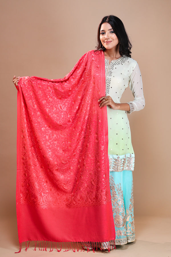 Self Embroidery Stole Dark pink