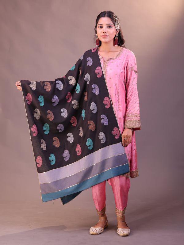 Stripe Palla Paisley Embroidery Stole