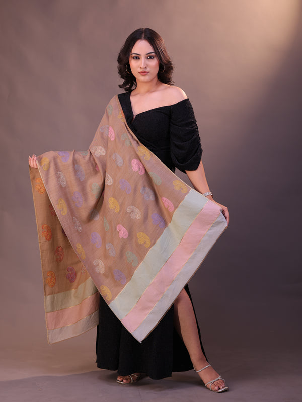 Stripe Palla Paisley Embroidery Stole Beige