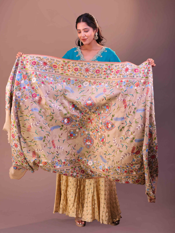 Fine Wool Leaf Jaal Embroidery Shawl