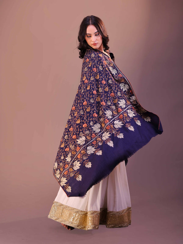 Fine Wool Chinar Silk Embroidery Shawl