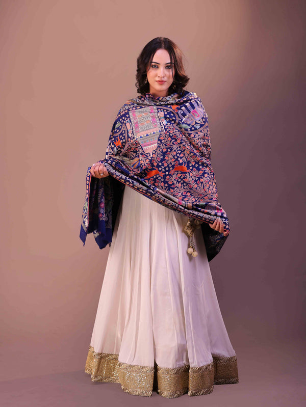 Fine Wool Peacock Border Embroidery Shawl Blue