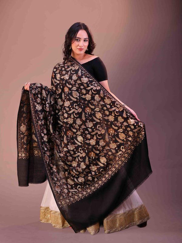 Flower Silk Embroidery Shawl Black