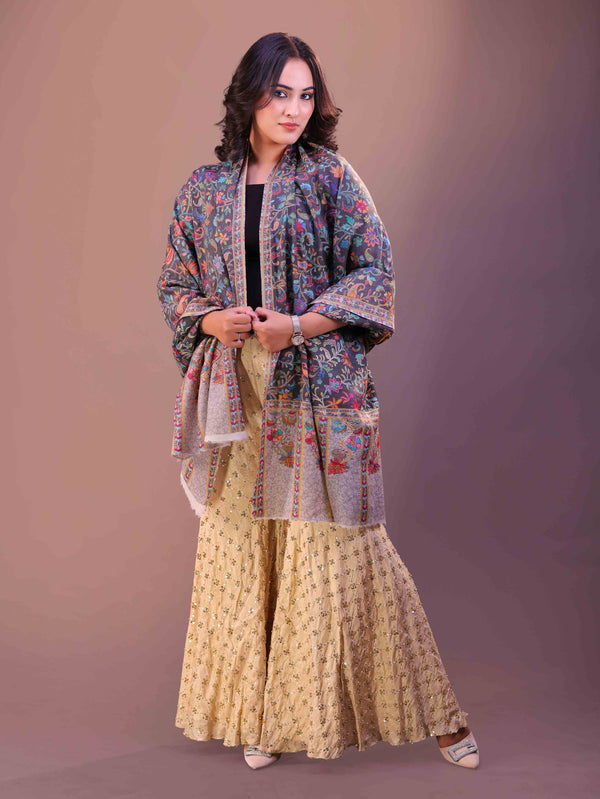 Flower Paisley Kalamkari Embroidery Shawl Black