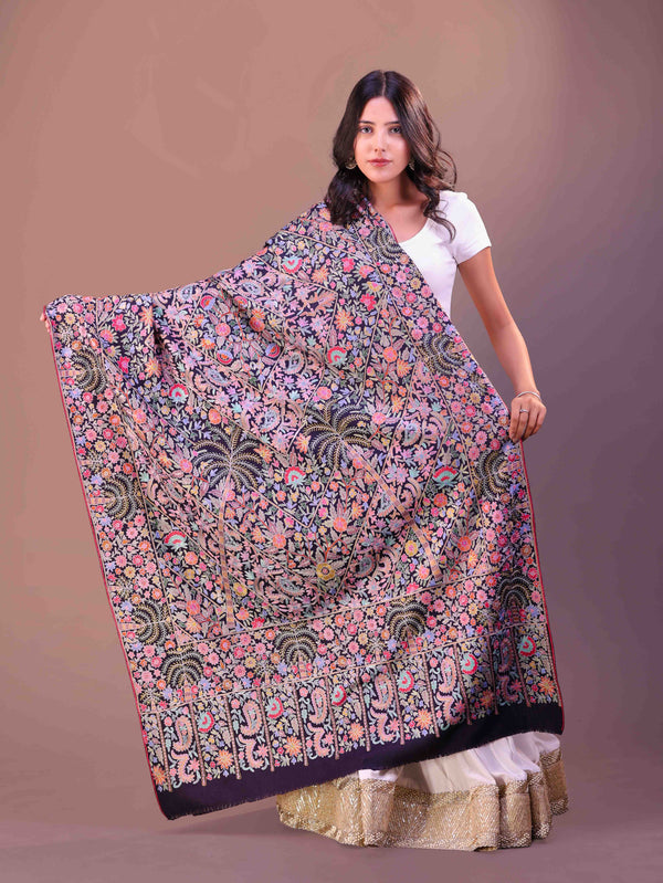 Fine Wool Tree Embroidery Shawl Black