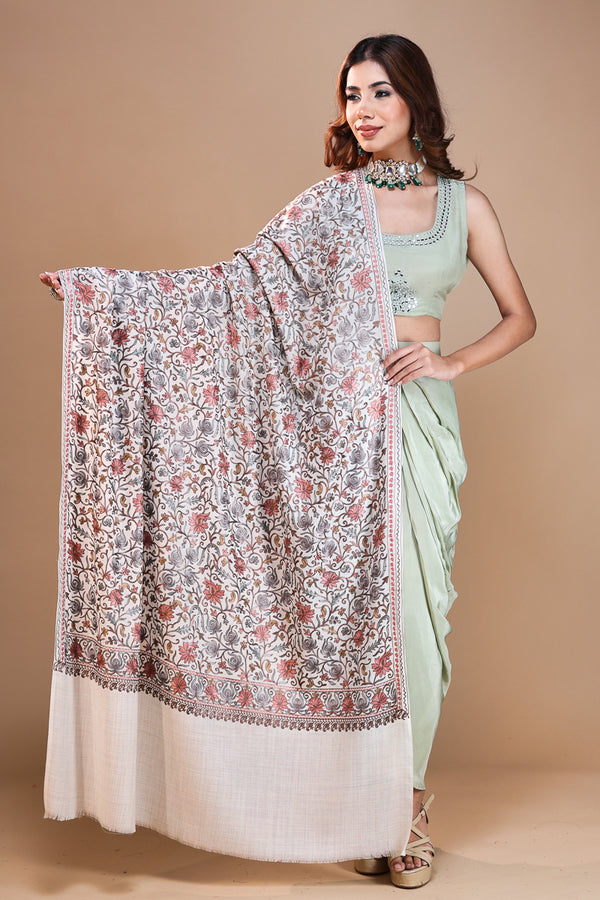 Flower Paisley Embroidery Shawl Light Grey