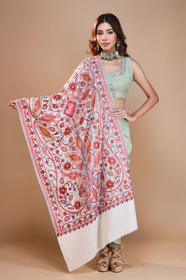 Big Flower Pot Embroidery Stole White