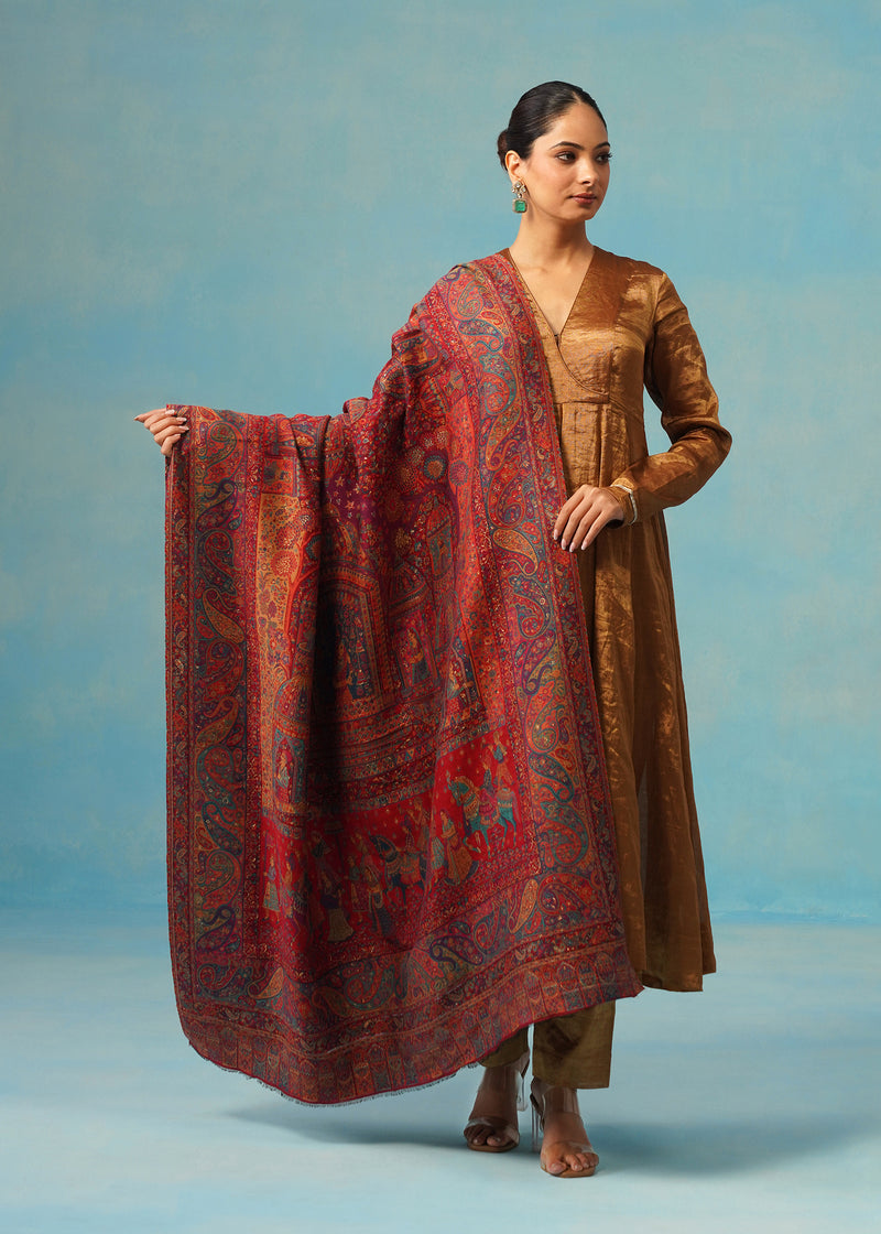 Wedding Procession Kalamkari Shawl With Zari