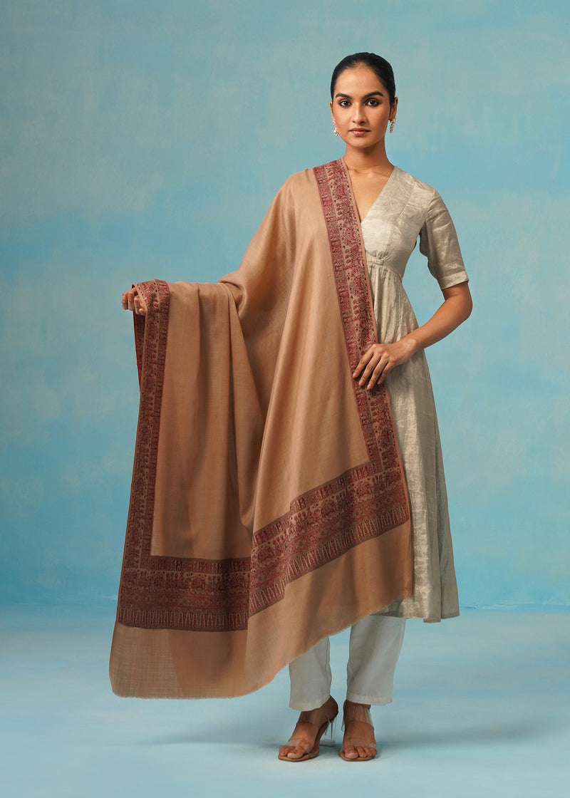 Elephant Border Kani Shawl Beige