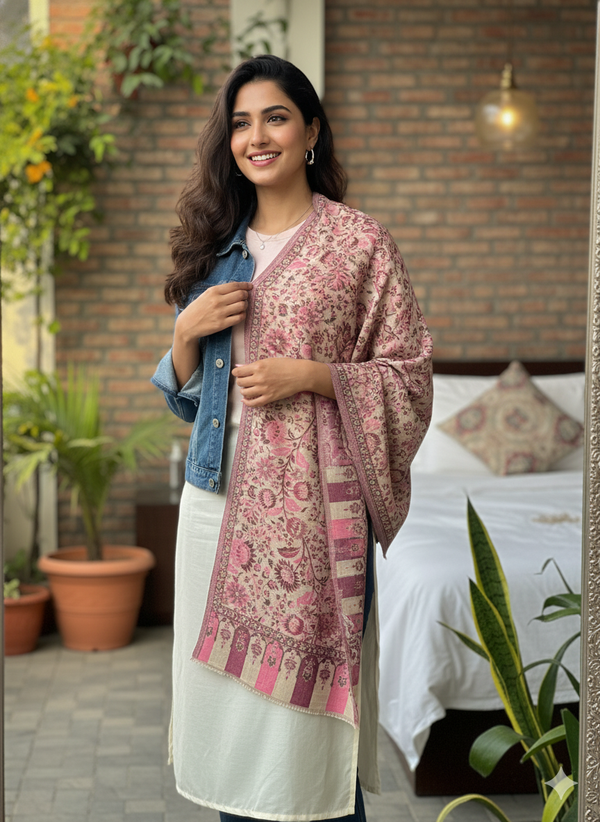 Fine Wool Flower Kani Stole Rose