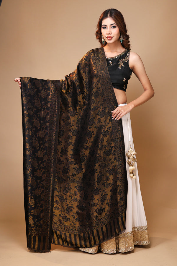 Leaf Flower Border Zari Reversible Shawl
