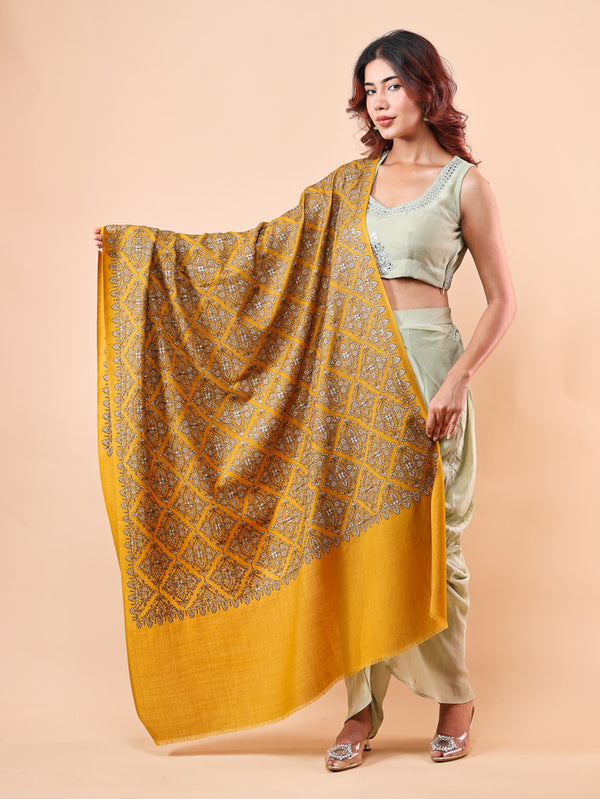 Cross Block Silk Embroidery Shawl Mustard