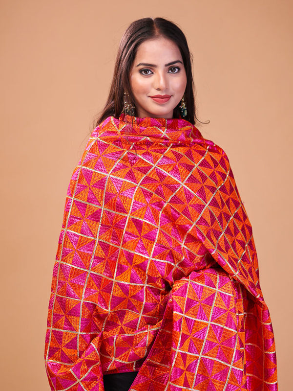 Zari Block Embroidered Phulkari Dupatta