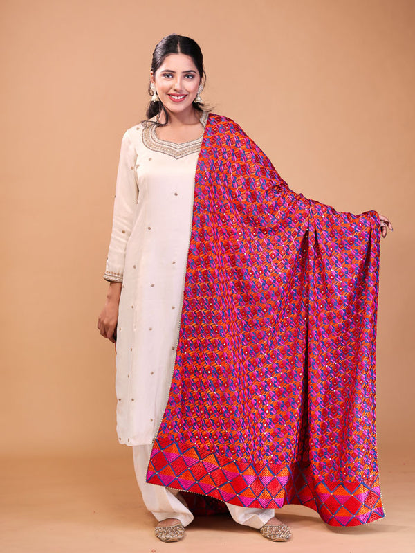 Ethnic Embroidered  Phulkari Dupatta Pink