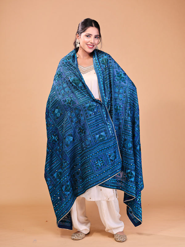 Block Stripe Phulakri Dupatta Blue