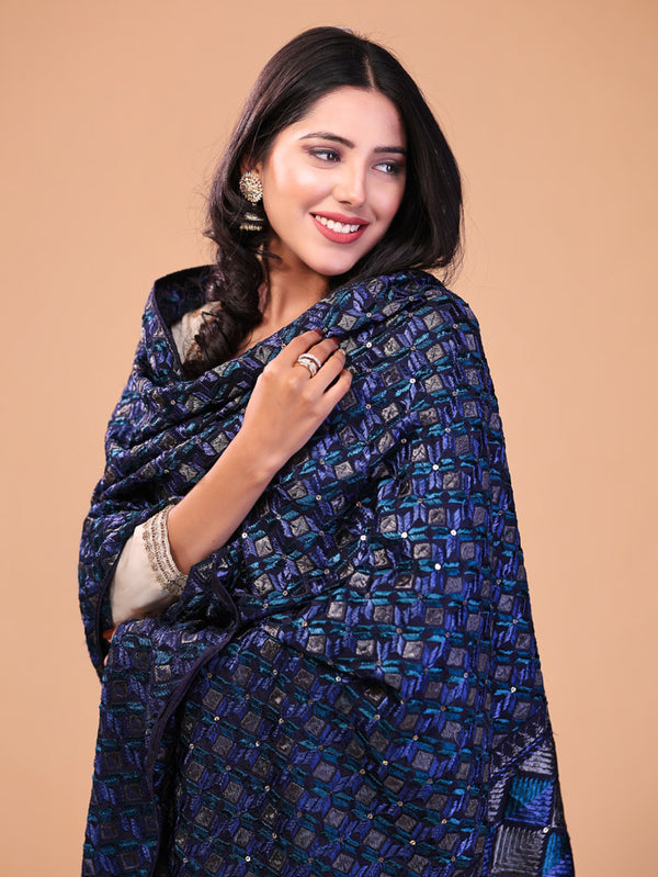 Ethnic Embroidered  Phulkari Dupatta Blue