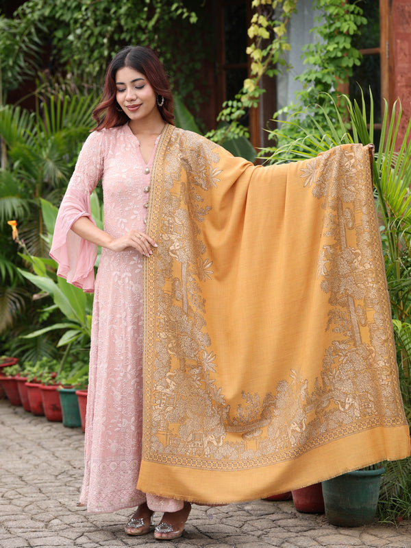 Elephant Border Resham Kani Shawl Mustard