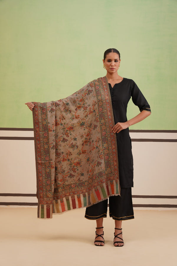 Fine Wool Flower Kani Shawl Beige