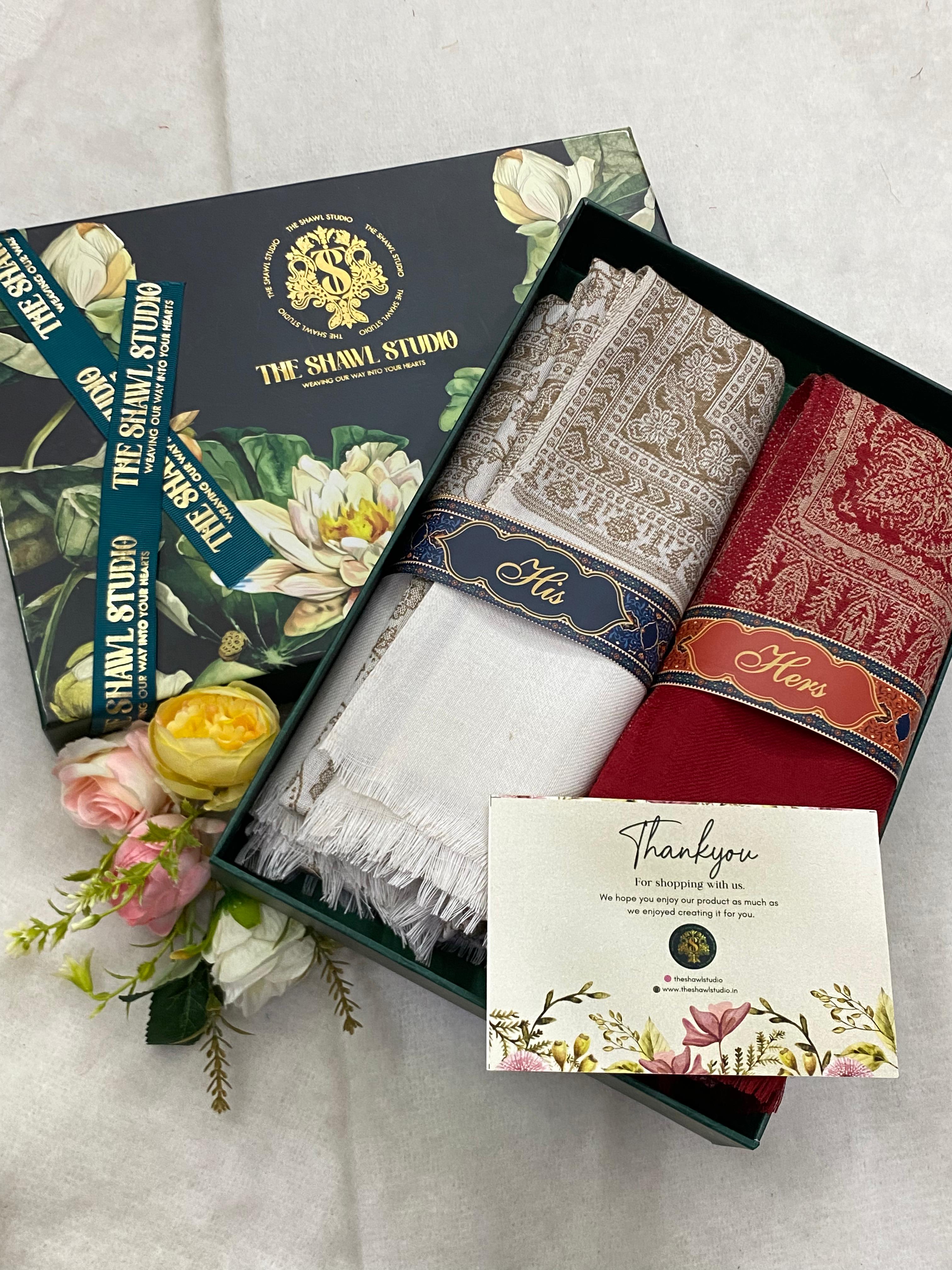 HIS & HER SET OF CHINAR SHAWLS, WHITE & MAROON WITH GIFT PACKING – The ...