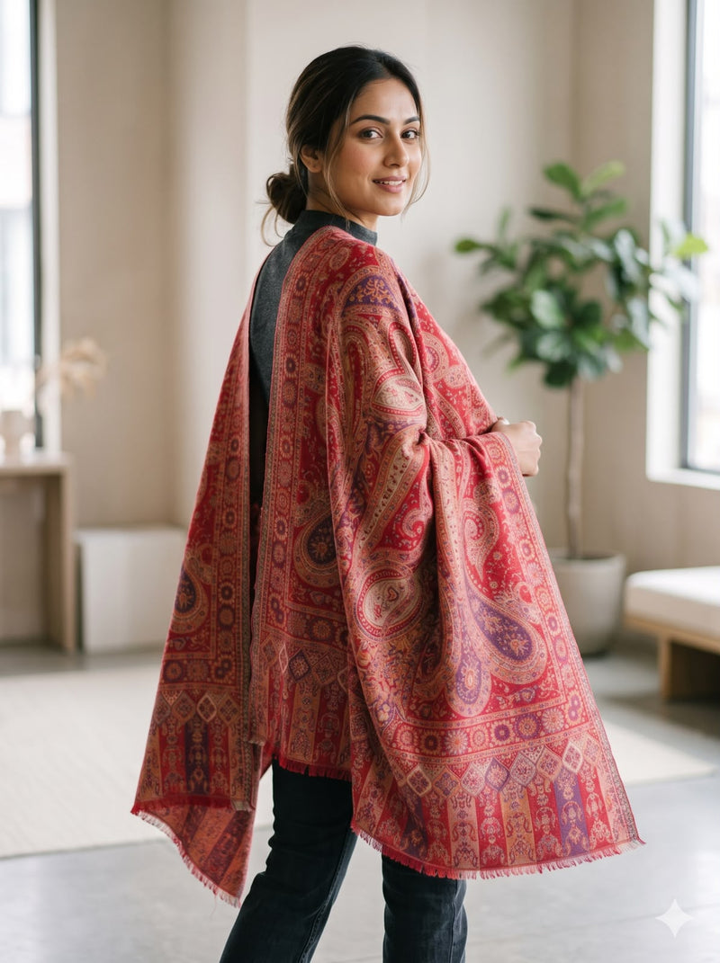 Maharani Red Multi Kani Stole With Zari