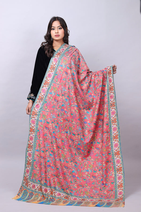 Leaf Border Kalamkari Embroidery Shawl Pink