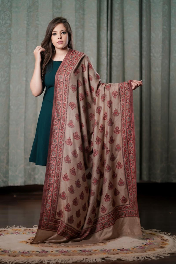 Fine Wool Border Booti Shawl Beige