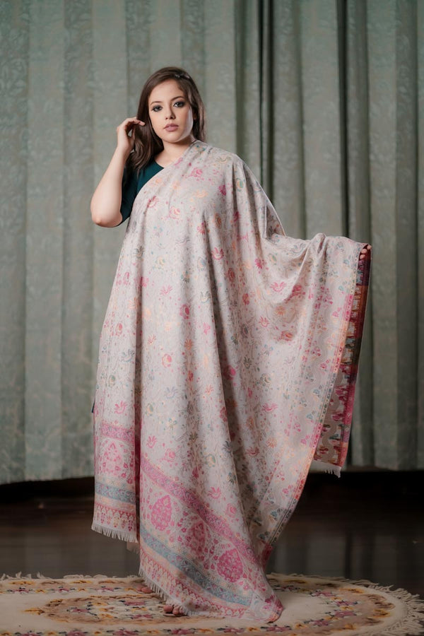 White Multi Colored Leaf Palla Kani Shawl