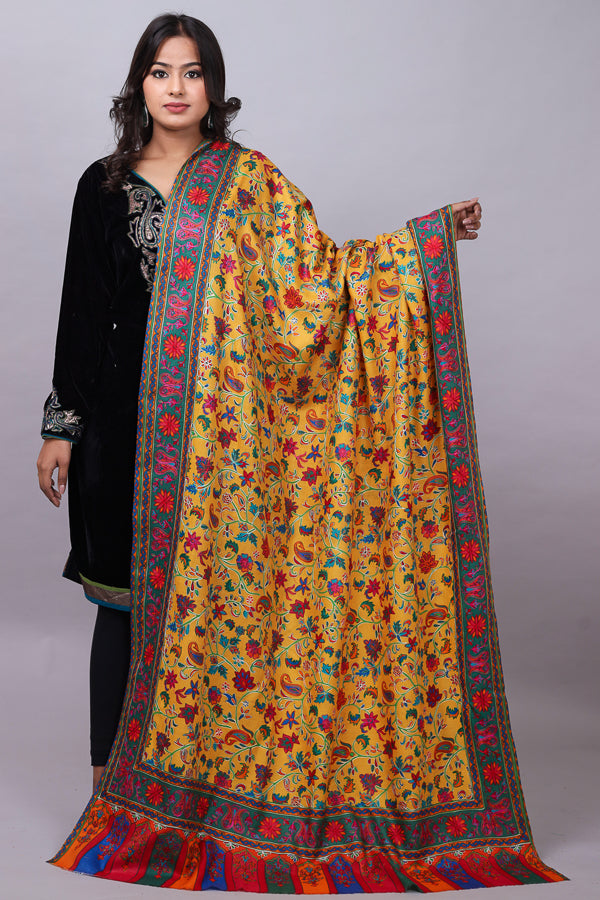 Leaf Border Kalamkari Embroidery Shawl Yellow