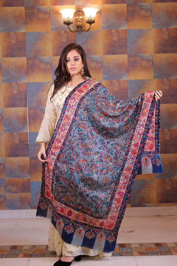 Grey Digitally Printed Leaf Kalamkari Embroidery Stole