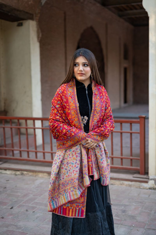 Two Tone Floral Reversible Kani Shawl Maroon/Beige