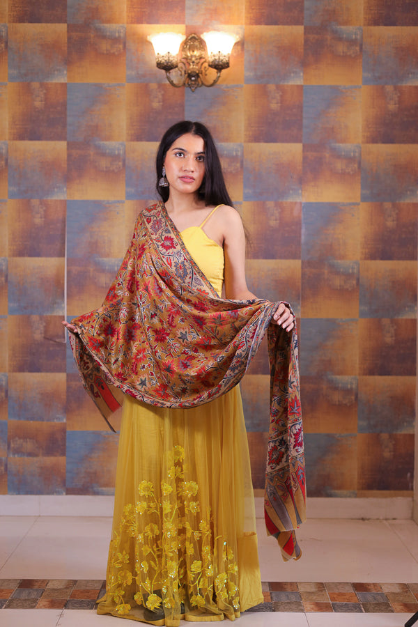 Chinar Kalamkari Embroidery Stole Mustard